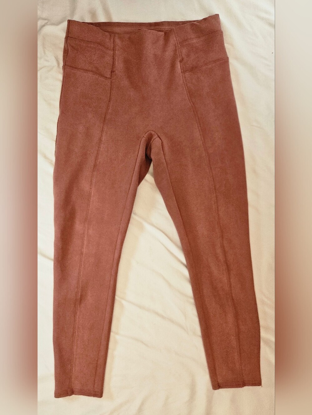 Spanx Womens Pink Rose Faux Suede Seamed Design Tummy Control Leggings Sz Large